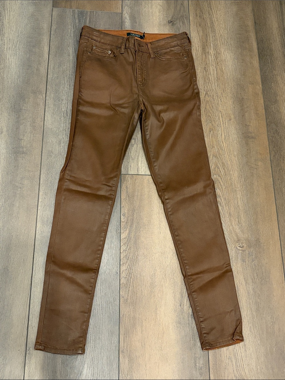 Lauren Ralph Lauren Brown Straight Ankle Waxed Denim Pants